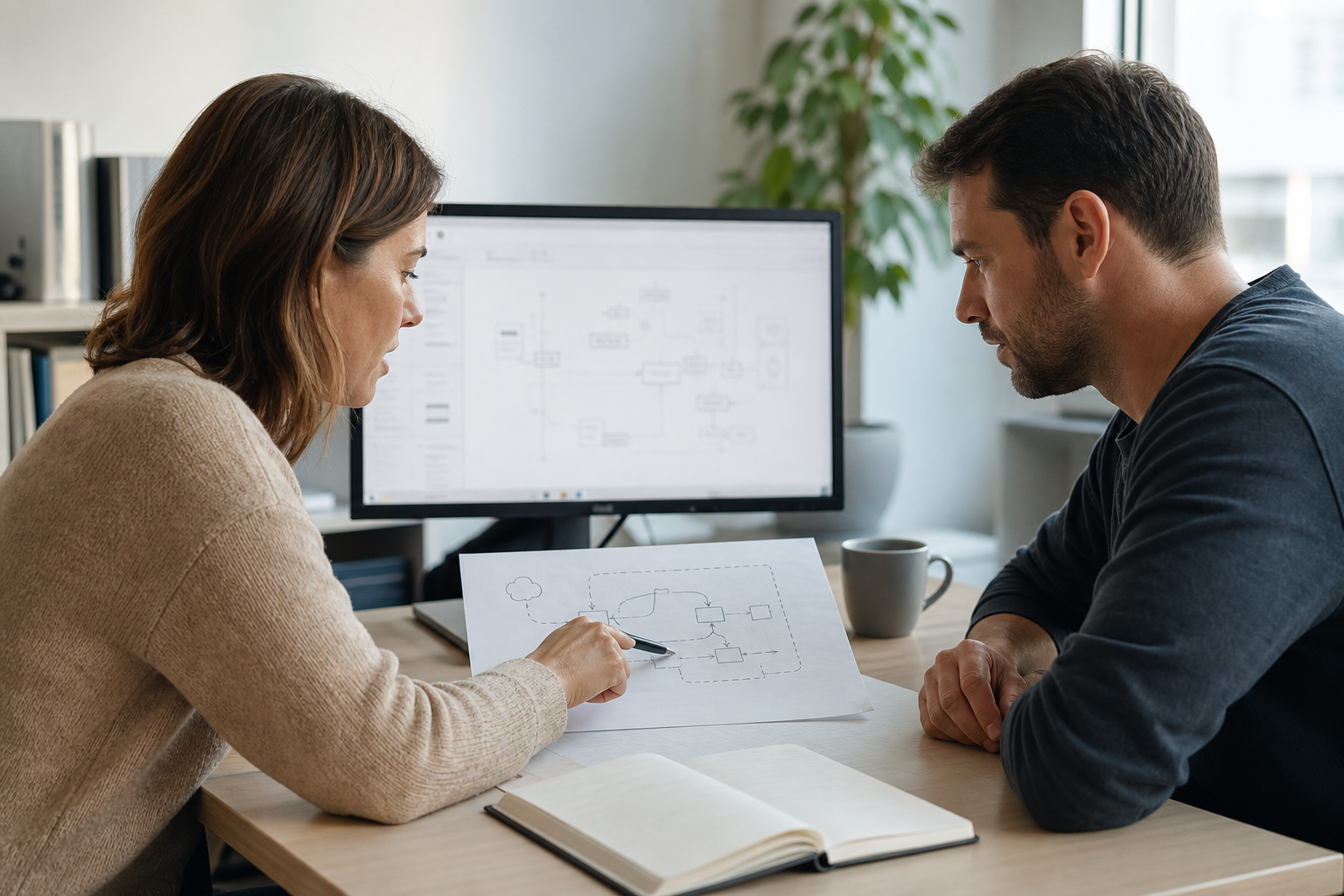 Zwei Personen besprechen einen digitalen Ablauf anhand eines Bildschirms und einer Skizze.