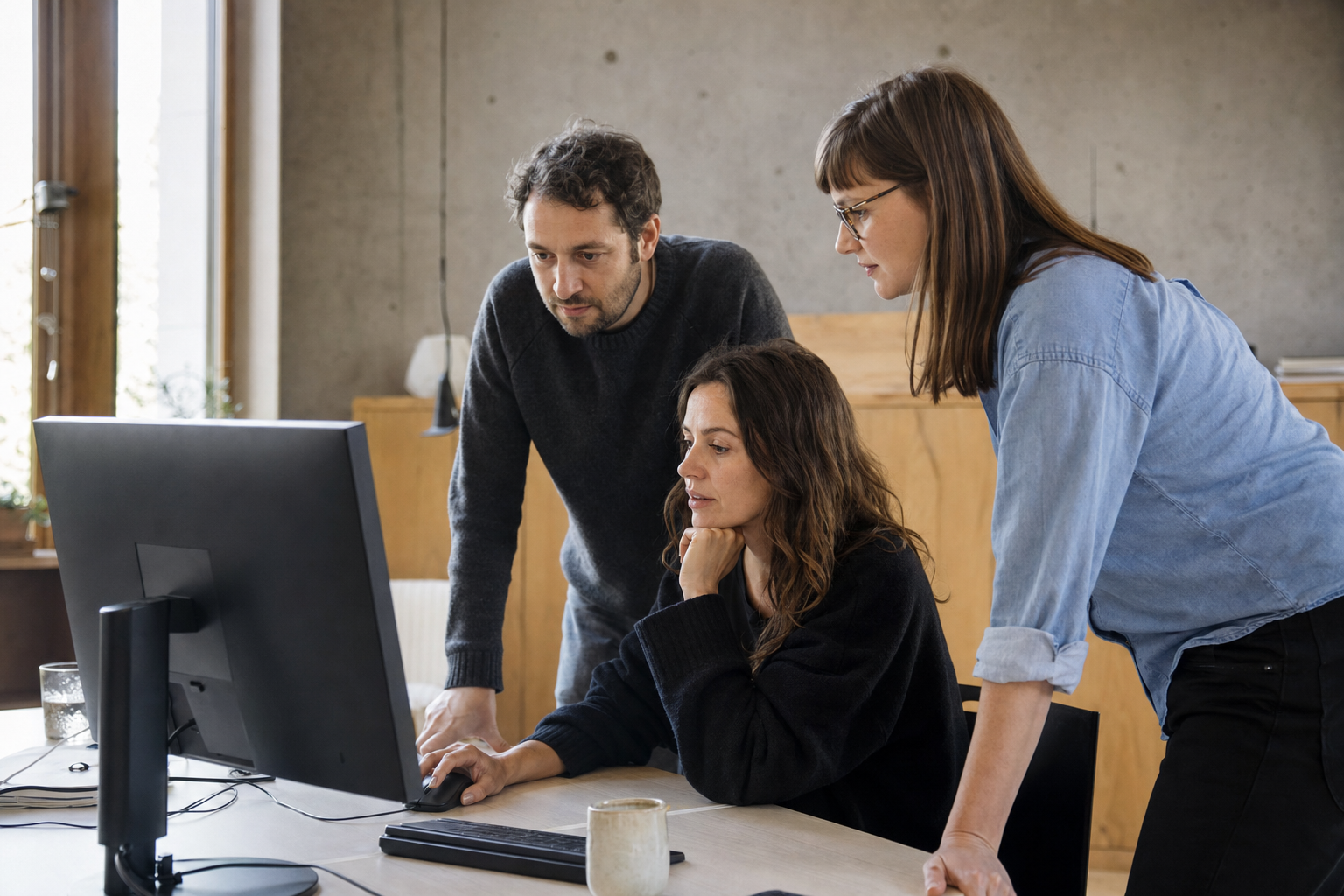 Drei Personen besprechen gemeinsam einen digitalen Arbeitsablauf an einem Bildschirm.