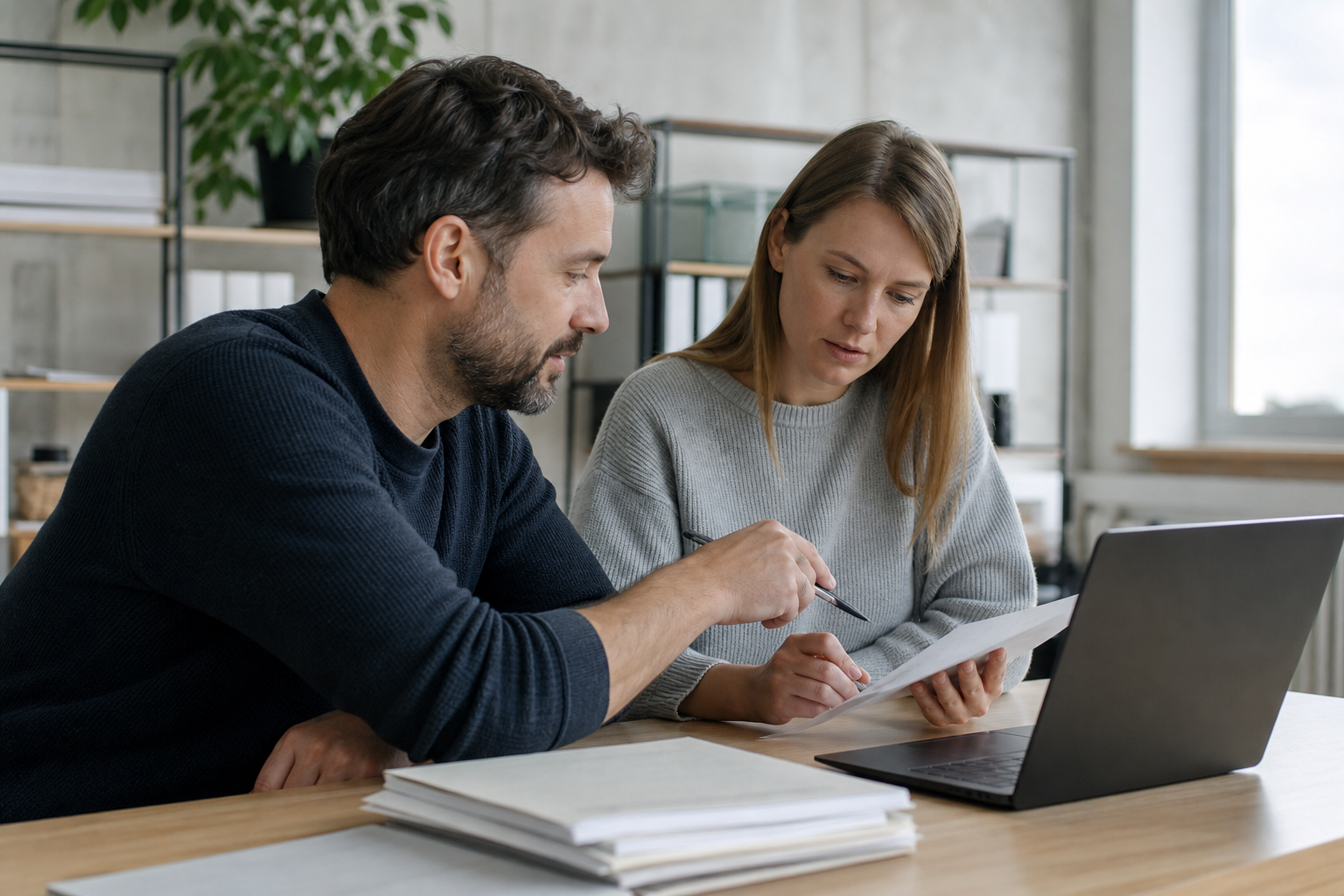 Zwei Personen prüfen gemeinsam Unterlagen für die technische Übergabe eines Softwaresystems.